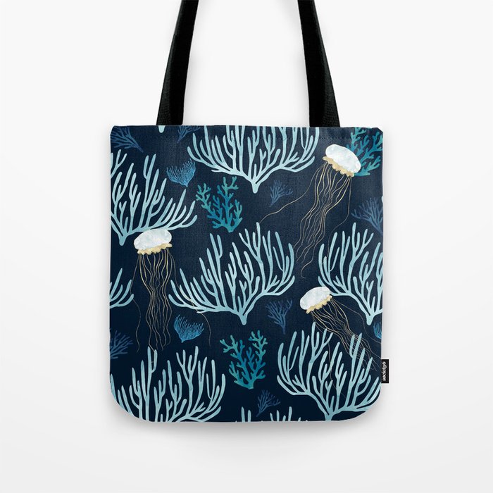 Jellyfish and Coral-Navy Tote Bag Gallery Image 1