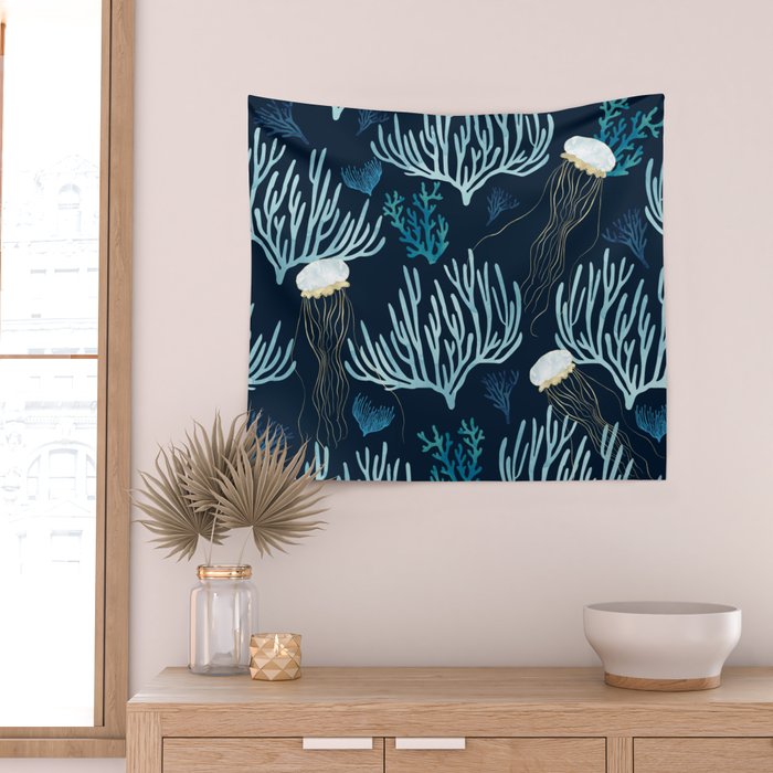 Jellyfish and Coral-Navy Wall Tapestry Gallery Image 2
