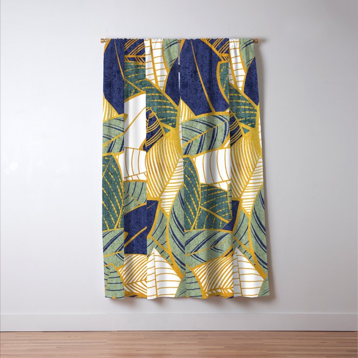 Leaf wall // navy blue pine and sage green leaves golden lines Window Curtain Gallery Image 3