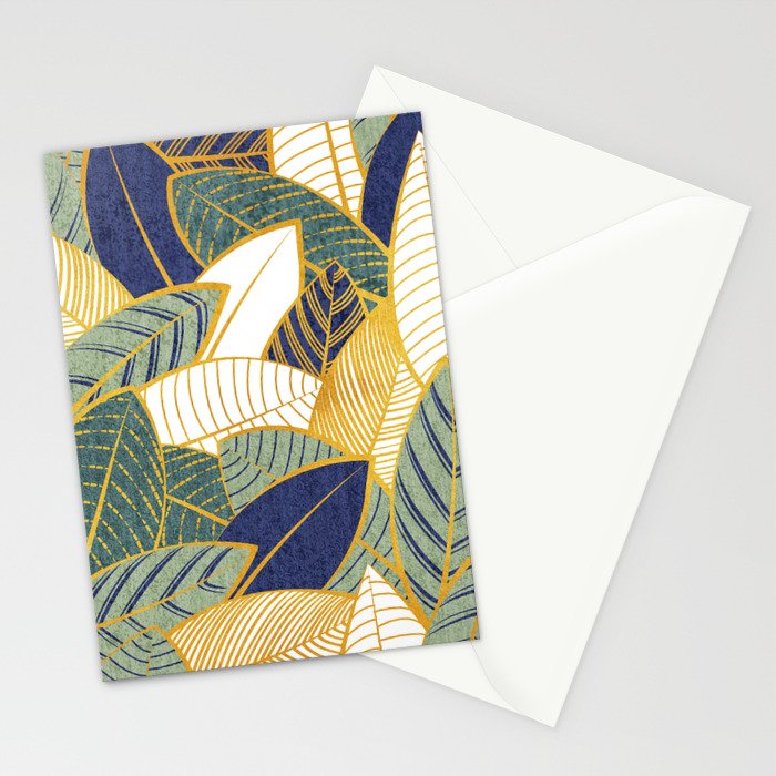 Leaf wall // navy blue pine and sage green leaves golden lines Stationery Card Gallery Image 2