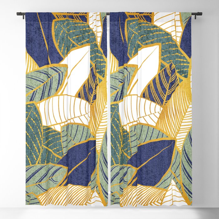 Leaf wall // navy blue pine and sage green leaves golden lines Window Curtain Gallery Image 5