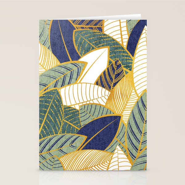 Leaf wall // navy blue pine and sage green leaves golden lines Stationery Card Gallery Image 2