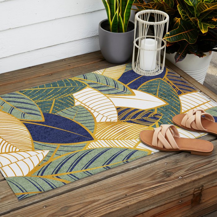 Leaf wall // navy blue pine and sage green leaves golden lines Outdoor Rug Gallery Image 2