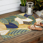 Leaf wall // navy blue pine and sage green leaves golden lines Outdoor Rug Gallery Image 2