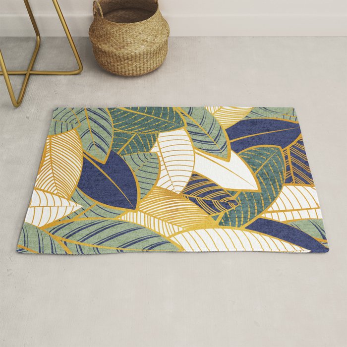 Leaf wall // navy blue pine and sage green leaves golden lines Rug Gallery Image 1