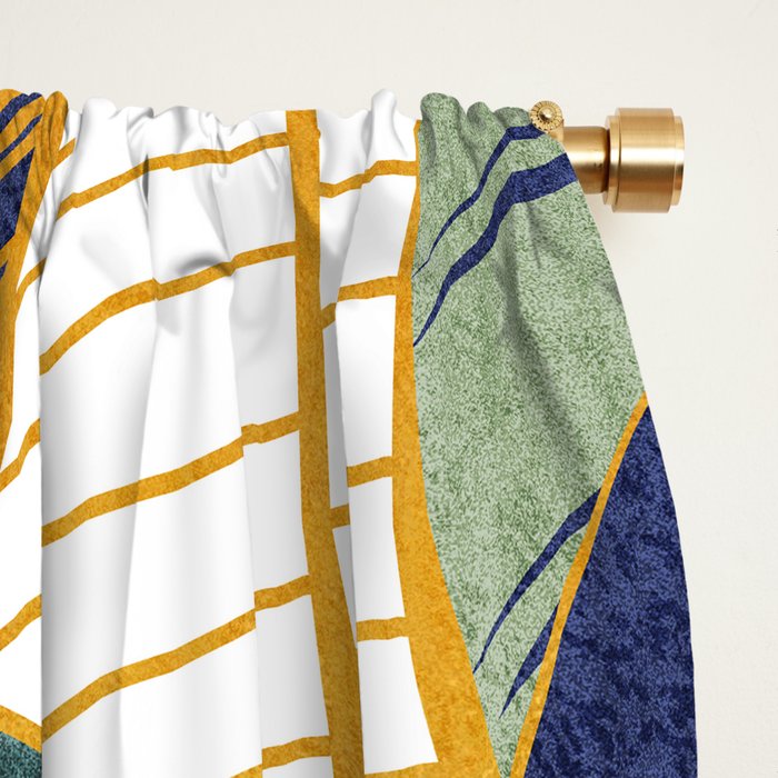 Leaf wall // navy blue pine and sage green leaves golden lines Window Curtain Gallery Image 2