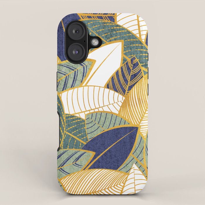 Leaf wall // navy blue pine and sage green leaves golden lines iPhone Case Gallery Image 1