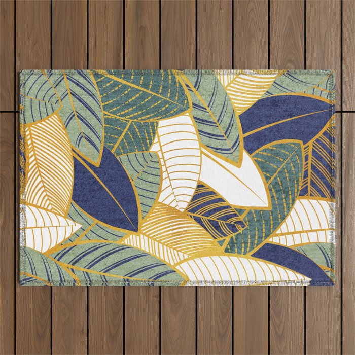 Leaf wall // navy blue pine and sage green leaves golden lines Outdoor Rug Gallery Image 1