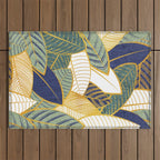 Leaf wall // navy blue pine and sage green leaves golden lines Outdoor Rug Gallery Image 1