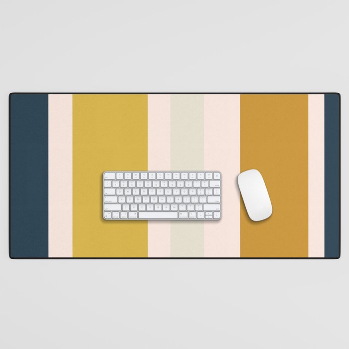 Blush Pink, Navy Blue, Mustard Yellow Big Stripes Pattern Desk Mat Gallery Image 1