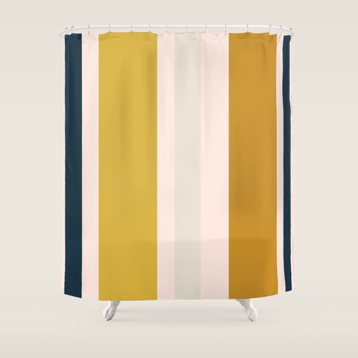 Blush Pink, Navy Blue, Mustard Yellow Big Stripes Pattern Shower Curtain Gallery Image 1