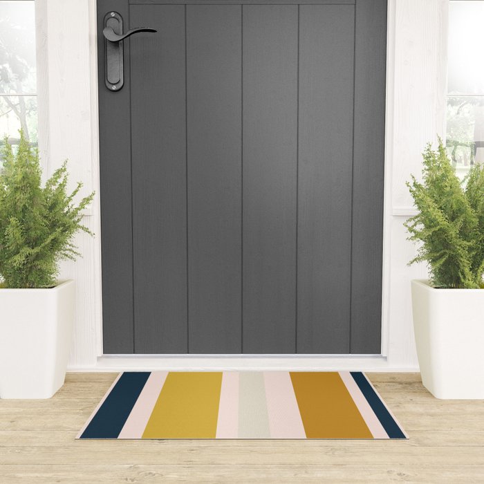 Blush Pink, Navy Blue, Mustard Yellow Big Stripes Pattern Welcome Mat Gallery Image 3