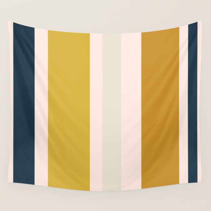 Blush Pink, Navy Blue, Mustard Yellow Big Stripes Pattern Wall Tapestry Gallery Image 1