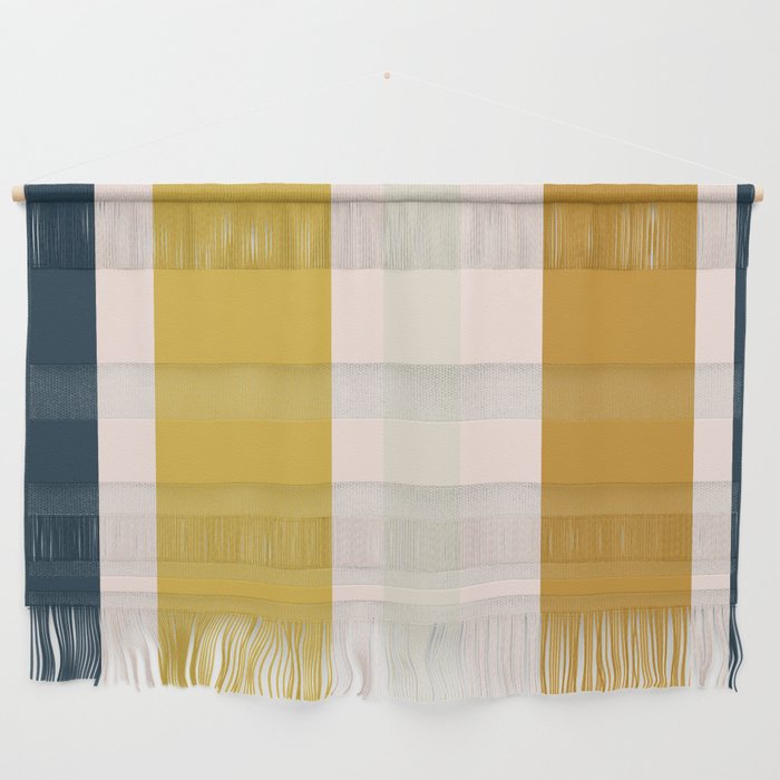 Blush Pink, Navy Blue, Mustard Yellow Big Stripes Pattern Wall Hanging Gallery Image 1