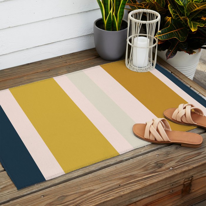 Blush Pink, Navy Blue, Mustard Yellow Big Stripes Pattern Outdoor Rug Gallery Image 2