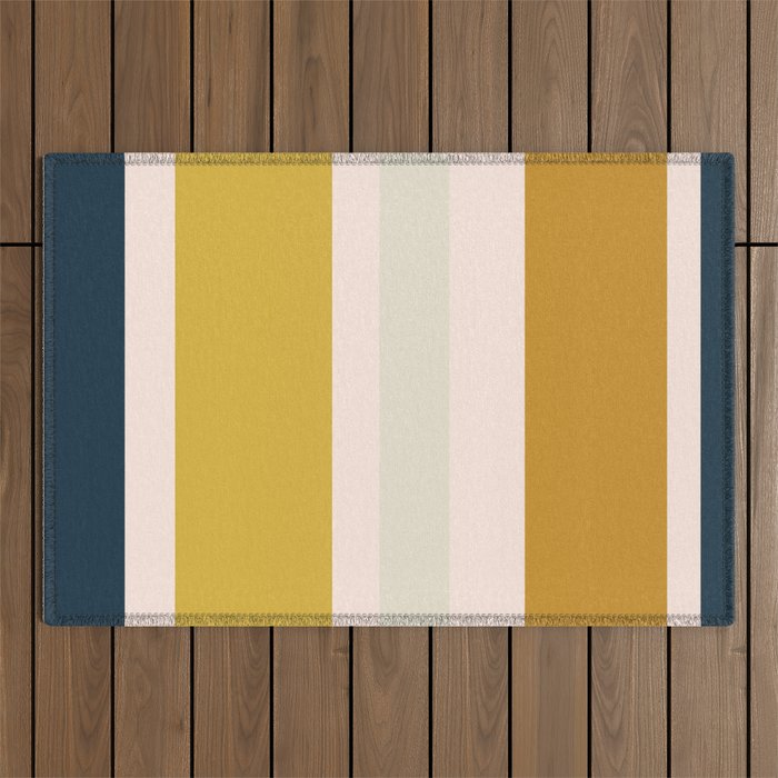 Blush Pink, Navy Blue, Mustard Yellow Big Stripes Pattern Outdoor Rug Gallery Image 1