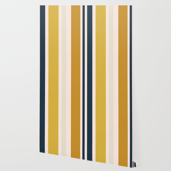 Blush Pink, Navy Blue, Mustard Yellow Big Stripes Pattern Wallpaper Gallery Image 2