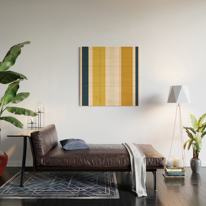 Blush Pink, Navy Blue, Mustard Yellow Big Stripes Pattern Wood Wall Art Gallery Image 2