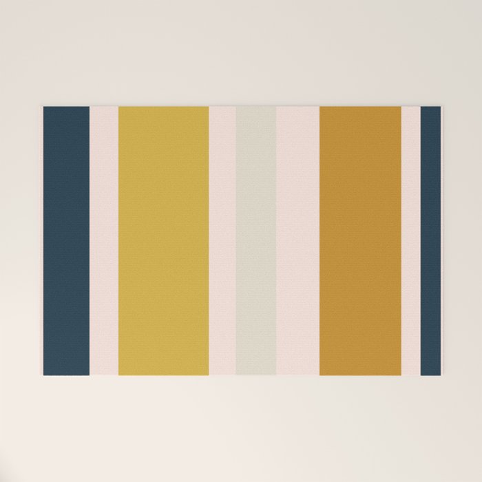 Blush Pink, Navy Blue, Mustard Yellow Big Stripes Pattern Welcome Mat Gallery Image 1