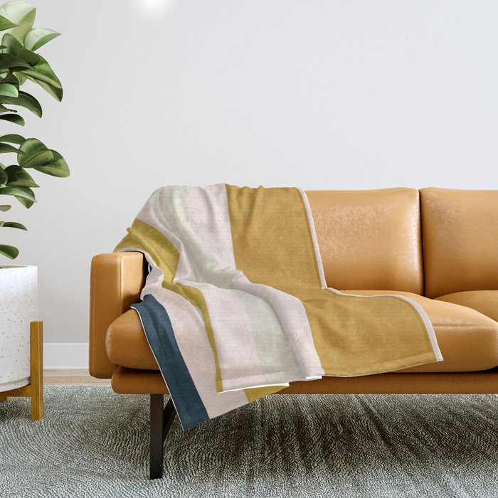 Blush Pink, Navy Blue, Mustard Yellow Big Stripes Pattern Throw Blanket Gallery Image 1