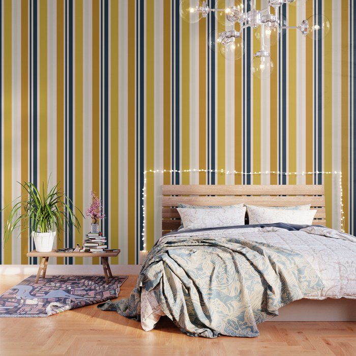 Blush Pink, Navy Blue, Mustard Yellow Big Stripes Pattern Wallpaper Gallery Image 3