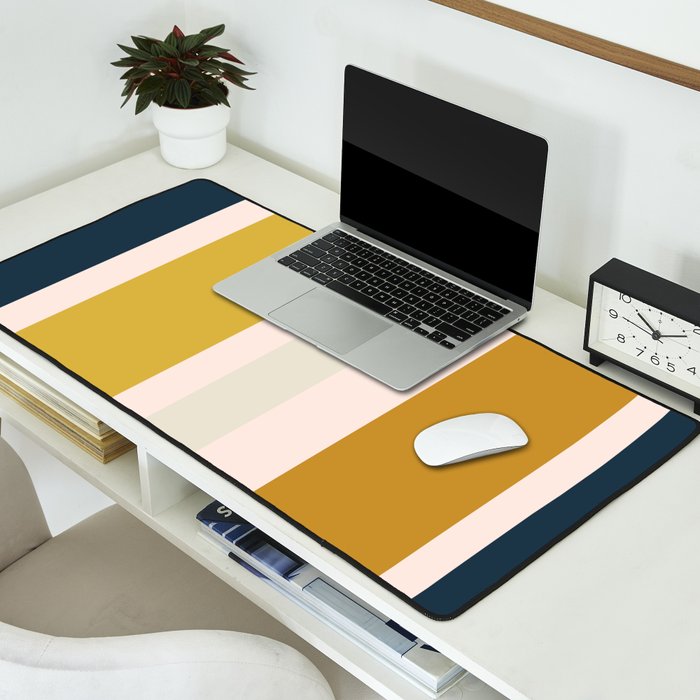 Blush Pink, Navy Blue, Mustard Yellow Big Stripes Pattern Desk Mat Gallery Image 2