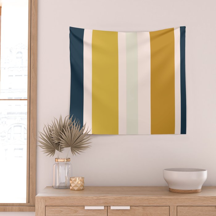 Blush Pink, Navy Blue, Mustard Yellow Big Stripes Pattern Wall Tapestry Gallery Image 2