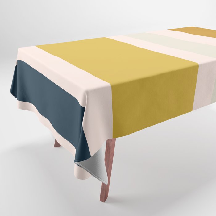 Blush Pink, Navy Blue, Mustard Yellow Big Stripes Pattern Tablecloth Gallery Image 1