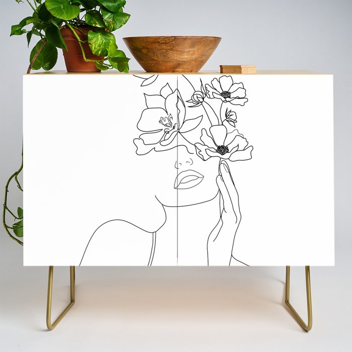 Minimal Line Art Woman with Flowers Credenza Gallery Image 1