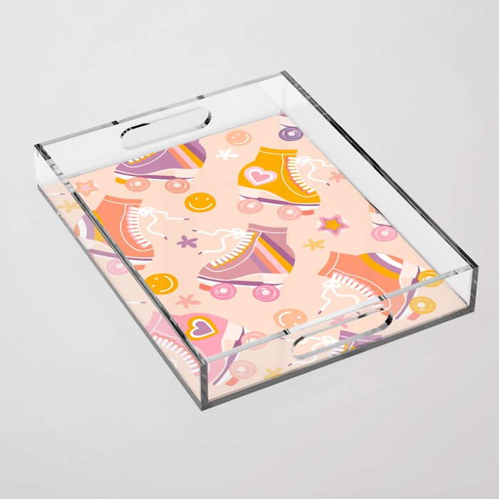 Retro Roller Skates Pattern 2. pink, orange, cream Acrylic Tray Gallery Image 1