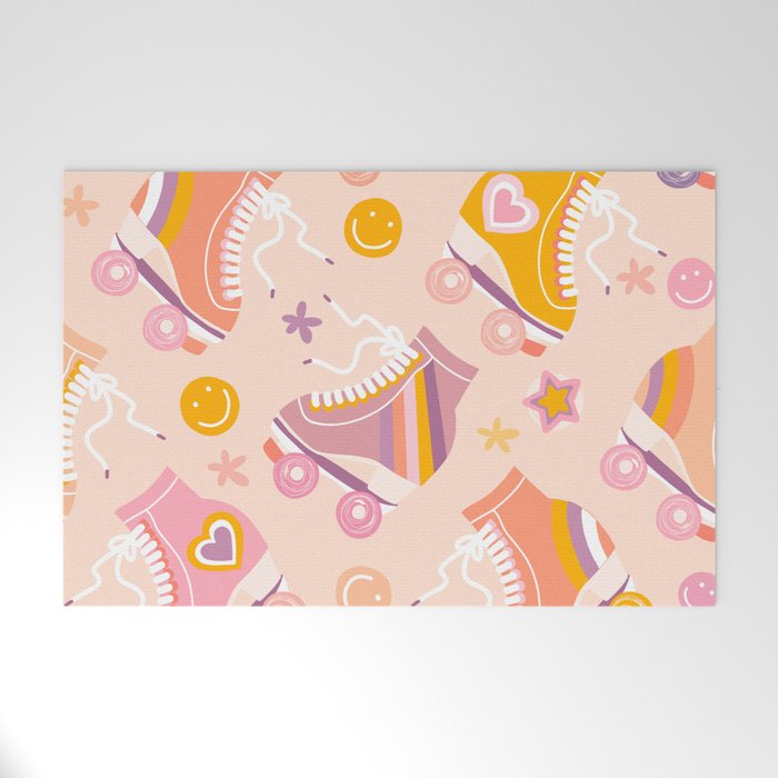Retro Roller Skates Pattern 2. pink, orange, cream Welcome Mat Gallery Image 1
