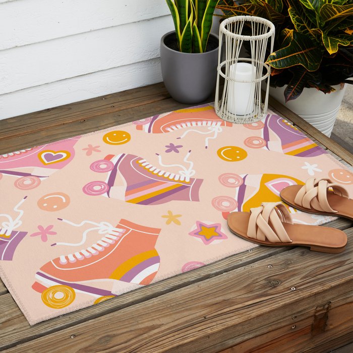 Retro Roller Skates Pattern 2. pink, orange, cream Outdoor Rug Gallery Image 2