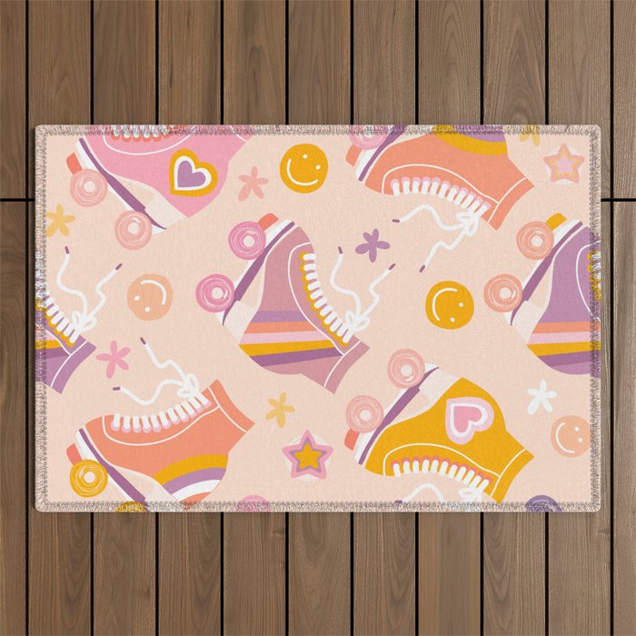 Retro Roller Skates Pattern 2. pink, orange, cream Outdoor Rug Gallery Image 1