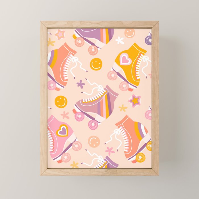 Retro Roller Skates Pattern 2. pink, orange, cream Mini Art Print Gallery Image 1