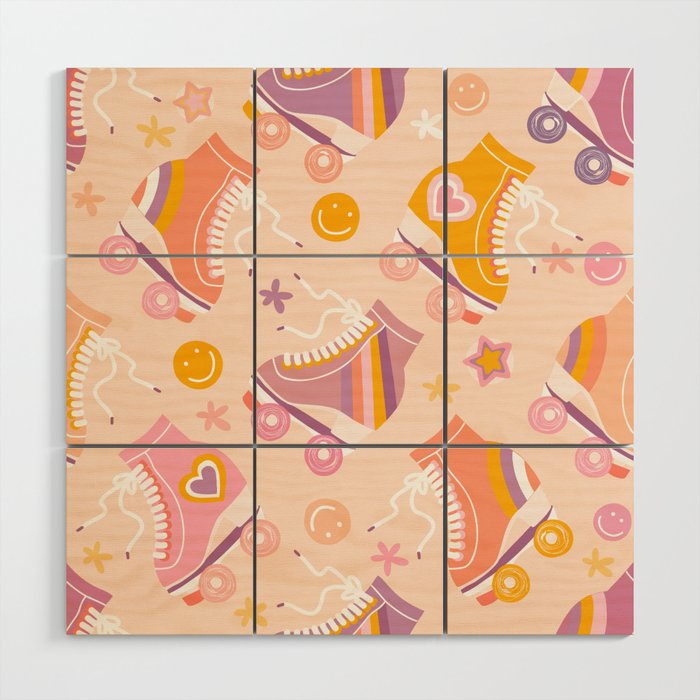 Retro Roller Skates Pattern 2. pink, orange, cream Wood Wall Art Gallery Image 1