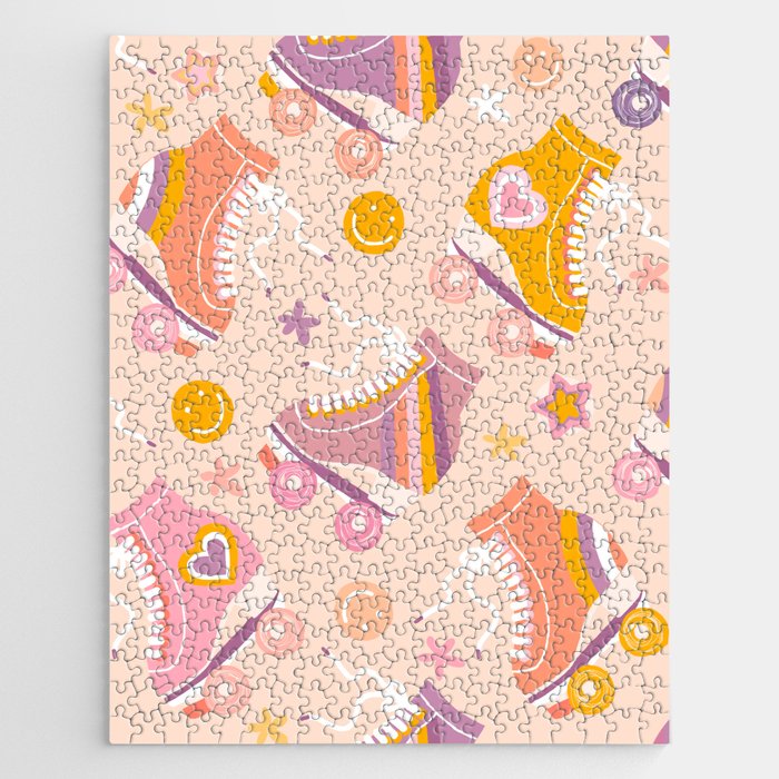 Retro Roller Skates Pattern 2. pink, orange, cream Jigsaw Puzzle Gallery Image 1