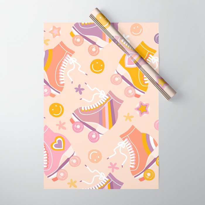 Retro Roller Skates Pattern 2. pink, orange, cream Wrapping Paper Gallery Image 1