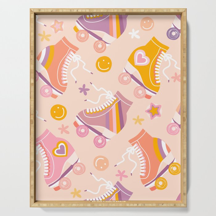 Retro Roller Skates Pattern 2. pink, orange, cream Serving Tray Gallery Image 1