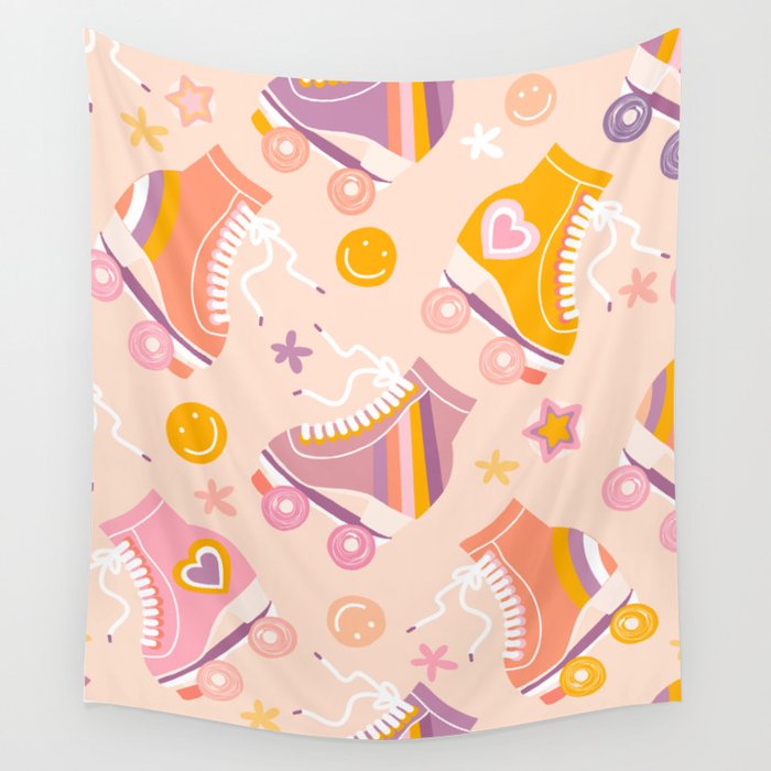 Retro Roller Skates Pattern 2. pink, orange, cream Wall Tapestry Gallery Image 4