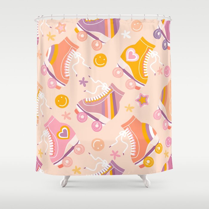 Retro Roller Skates Pattern 2. pink, orange, cream Shower Curtain Gallery Image 1