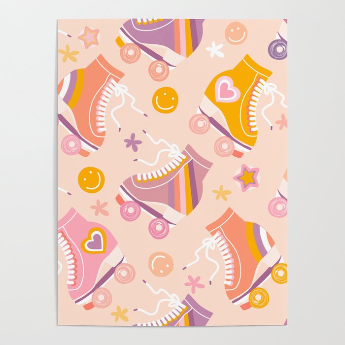 Retro Roller Skates Pattern 2. pink, orange, cream Poster Gallery Image 4
