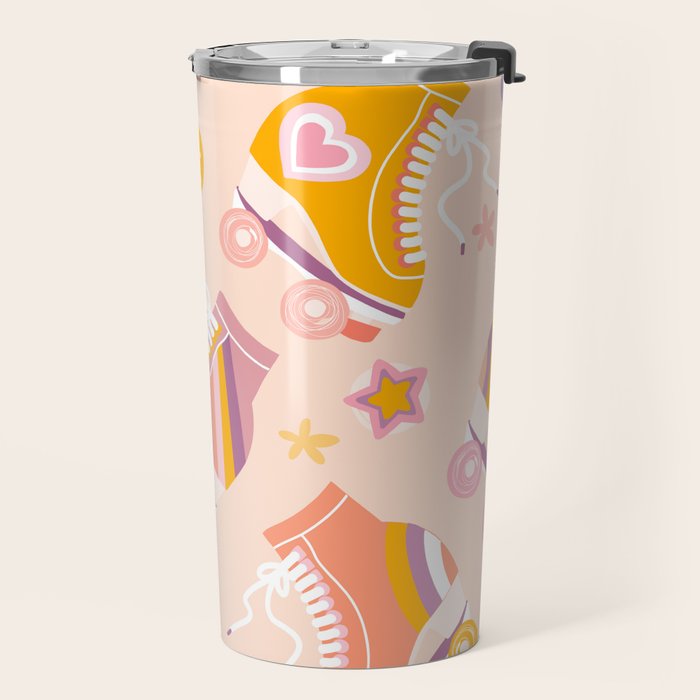 Retro Roller Skates Pattern 2. pink, orange, cream Travel Mug Gallery Image 2