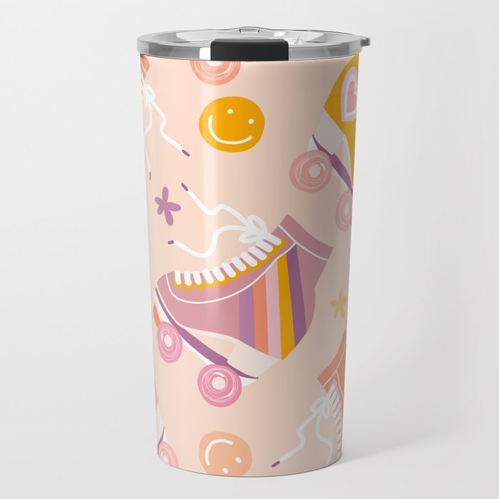 Retro Roller Skates Pattern 2. pink, orange, cream Travel Mug Gallery Image 1