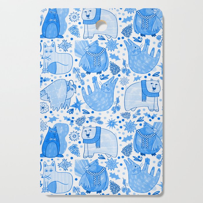 Winter Forest Woodland Animals in Blue Cutting Board Gallery Image 1