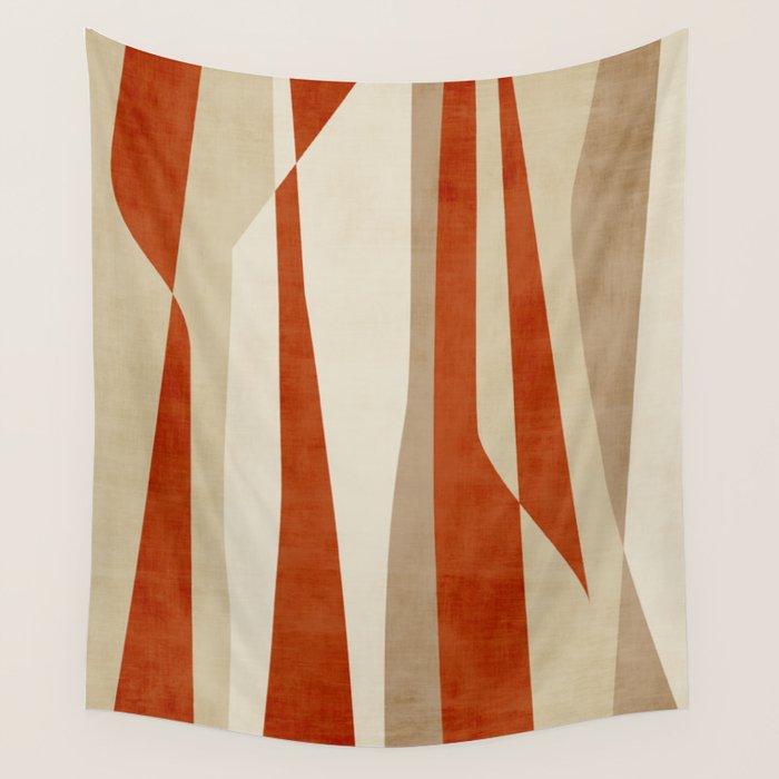 Dark Terracotta Beige Tan Abstract Lines Artwork Wall Tapestry Gallery Image 1
