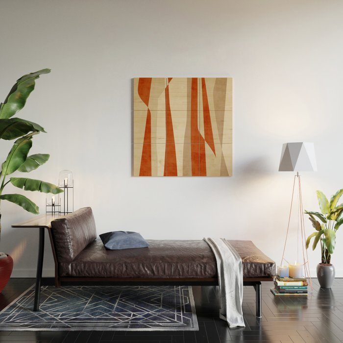 Dark Terracotta Beige Tan Abstract Lines Artwork Wood Wall Art Gallery Image 2