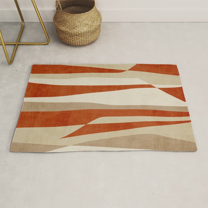Dark Terracotta Beige Tan Abstract Lines Artwork Rug Gallery Image 1