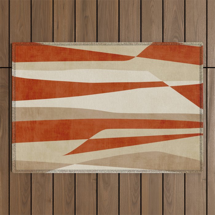 Dark Terracotta Beige Tan Abstract Lines Artwork Outdoor Rug Gallery Image 1