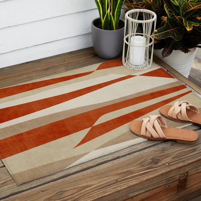 Dark Terracotta Beige Tan Abstract Lines Artwork Outdoor Rug Gallery Image 2