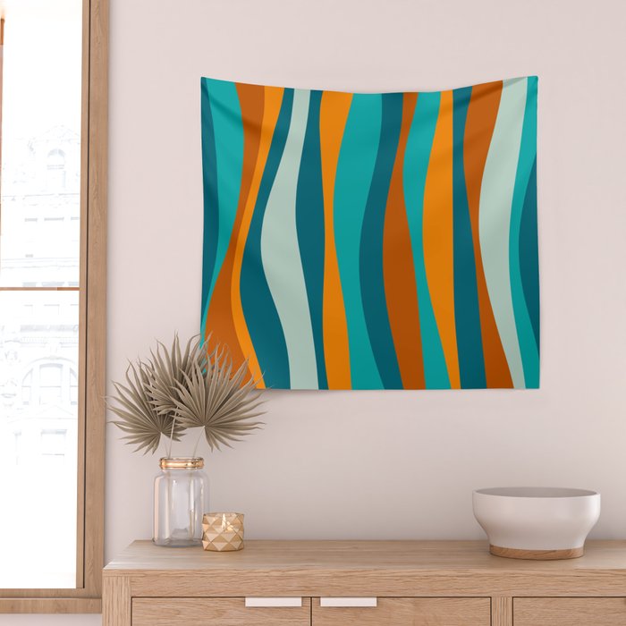 Liquid Stripes in Rust Orange Aqua Turquoise Teal  Wall Tapestry Gallery Image 2